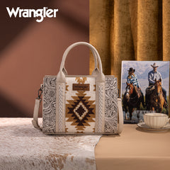 WG226-8120  Wrangler Tooled Aztec Pattern Print Concealed Carry Tote/Crossbody -Beige