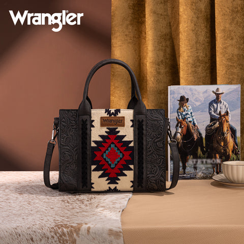 WG226-8120  Wrangler Tooled Aztec Pattern Print Concealed Carry Tote/Crossbody -Black