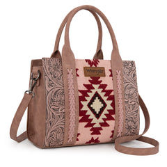 WG226-8120  Wrangler Tooled Aztec Pattern Print Concealed Carry Tote/Crossbody -Dark Pink