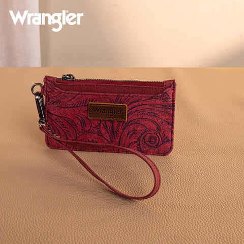 WG227-W075   Wrangler Vintage Floral Velvet Printed  Mini Zip card Case Wristlet - Burgundy