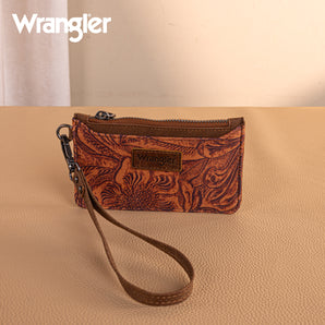 WG227-W075 Wrangler Vintage Floral Velvet Printed Mini Zip card Case Wristlet - Brown