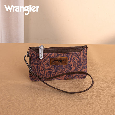 WG227-W075  Wrangler Vintage Floral Velvet Printed   Mini Zip card Case Wristlet - Coffee