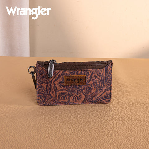 WG227-W075  Wrangler Vintage Floral Velvet Printed   Mini Zip card Case Wristlet - Coffee