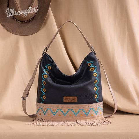 WG233-2001  Wrangler Aztec Embroidered Fringe Large Hobo/Crossbody Bag- Black