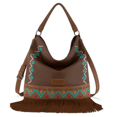 WG233-2001  Wrangler Aztec Embroidered Fringe Large Hobo/Crossbody Bag- Brown