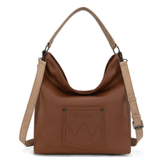 WG233-2001  Wrangler Aztec Embroidered Fringe Large Hobo/Crossbody Bag- Light Brown