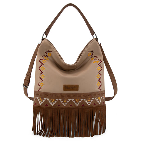 WG233-2001  Wrangler Aztec Embroidered Fringe Large Hobo/CrossbodyBag- Tan