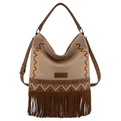 WG233-2001  Wrangler Aztec Embroidered Fringe Large Hobo/CrossbodyBag- Tan