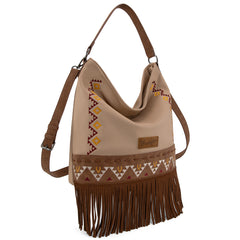 WG233-2001  Wrangler Aztec Embroidered Fringe Large Hobo/CrossbodyBag- Tan
