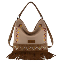 WG233-2001  Wrangler Aztec Embroidered Fringe Large Hobo/CrossbodyBag- Tan