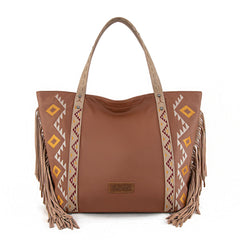 WG233-2002  Wrangler Aztec Embroidered Large Tote Bag- Light Brown