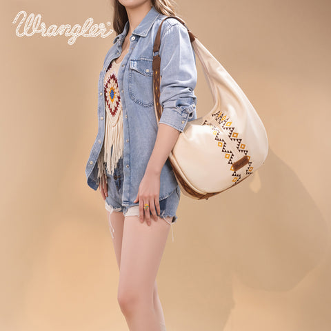 WG233-3027  Wrangler Aztec Embroidered Large Hobo Bag- Beige