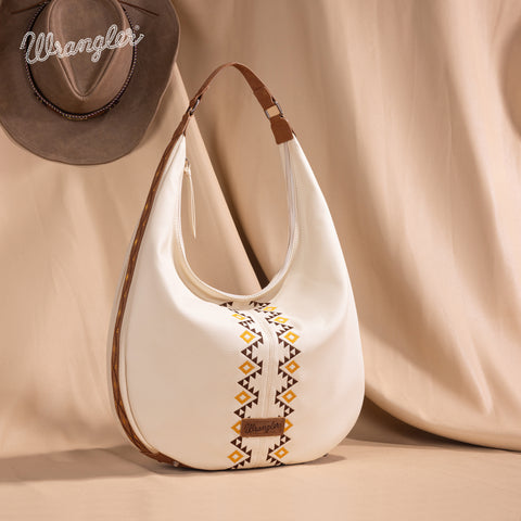 WG233-3027  Wrangler Aztec Embroidered Large Hobo Bag- Beige