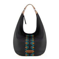 WG233-3027  Wrangler Aztec Embroidered Large Hobo Bag- Black