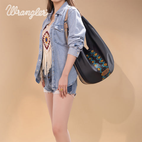 WG233-3027  Wrangler Aztec Embroidered Large Hobo Bag- Black