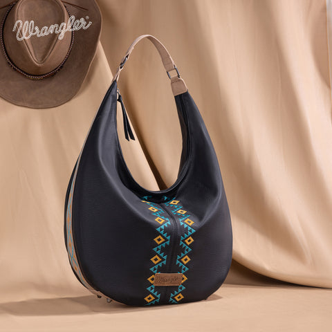 WG233-3027  Wrangler Aztec Embroidered Large Hobo Bag- Black