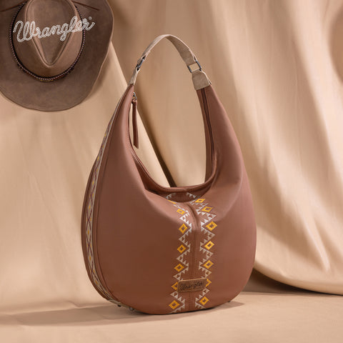 WG233-3027  Wrangler Aztec Embroidered Large Hobo Bag- Light Brown