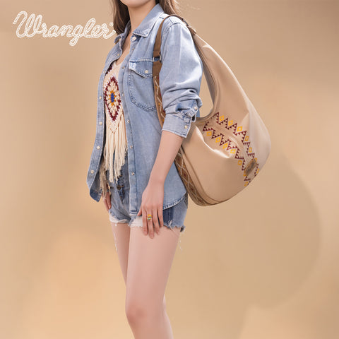 WG233-3027  Wrangler Aztec Embroidered Large Hobo Bag- Tan