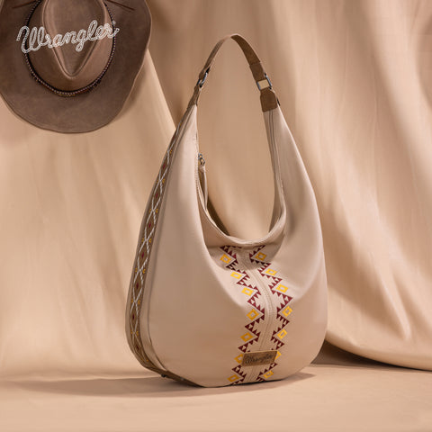 WG233-3027  Wrangler Aztec Embroidered Large Hobo Bag- Tan