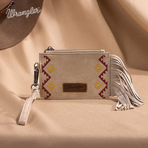 WG233-W069 Wrangler Aztec Embroidered Fringe Card Wallet/Wristlet - Tan