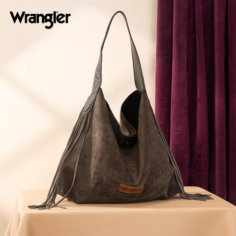 WG239-9182  Wrangler Fringe Floral Tooled Hobo Bag- Green