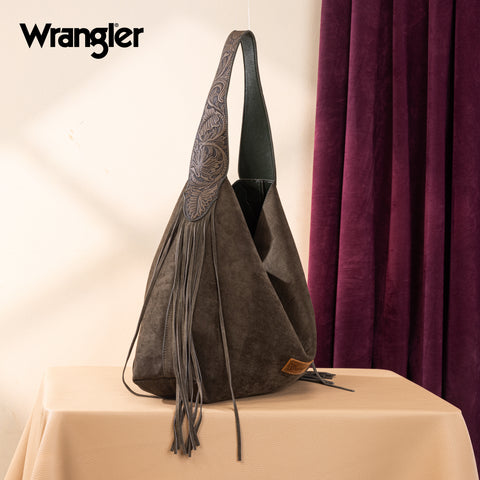 WG239-9182  Wrangler Fringe Floral Tooled Hobo Bag- Green