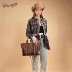 WG252-8012  Wrangler Genuine Hair-On Cowhide  Wide Tote/Crossbody- Brown