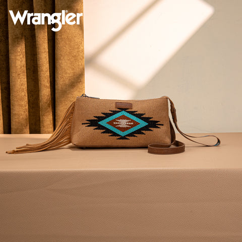 WG259-1834  Wrangler Embroidered Aztec Canvas Wristlet/Crossbody- Brown