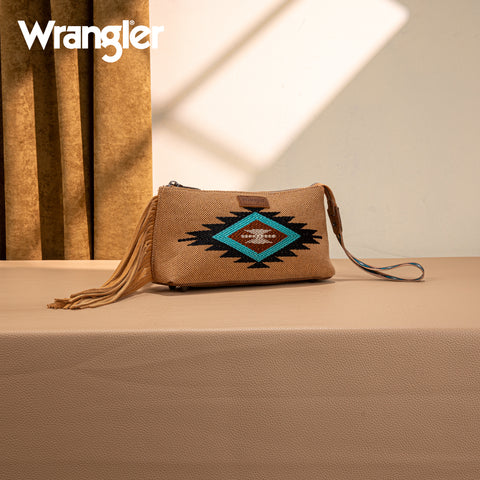 WG259-1834  Wrangler Embroidered Aztec Canvas Wristlet/Crossbody- Brown