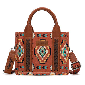 WG261-8866SBR Wrangler Aztec Print Braided Detail Tote Bag - Brown