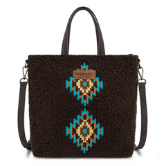 WG263-2002  Wrangler Sherpa Aztec Sherpa Tote/Crossbody - Coffee