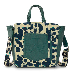 WG264-8014DTQ  Wrangler Cow Print Concealed Carry Tote/Crossbody- Dark Turquoise