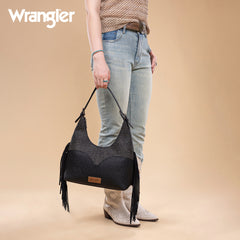 WG265-3027  Wrangler Fringe Floral Tooled Hobo Bag- Black
