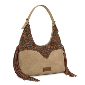 WG265-3027 Wrangler Fringe Floral Tooled Hobo Bag - Brown-Tan
