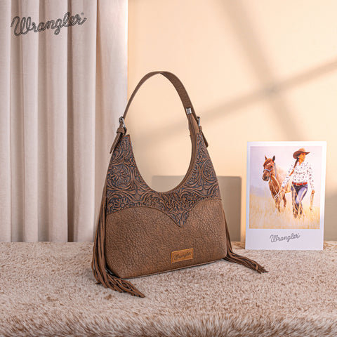 WG265-3027  Wrangler Fringe Floral Tooled Hobo Bag-Coffee