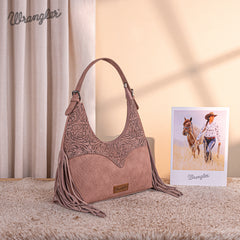 WG265-3027  Wrangler Fringe Floral Tooled Hobo Bag- Dark Pink