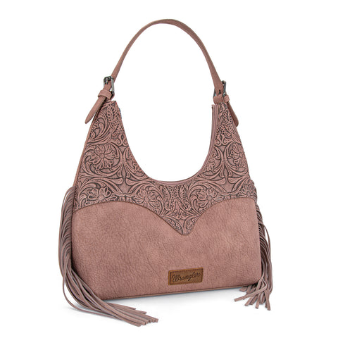 WG265-3027  Wrangler Fringe Floral Tooled Hobo Bag- Dark Pink