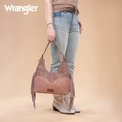 WG265-3027  Wrangler Fringe Floral Tooled Hobo Bag- Dark Pink