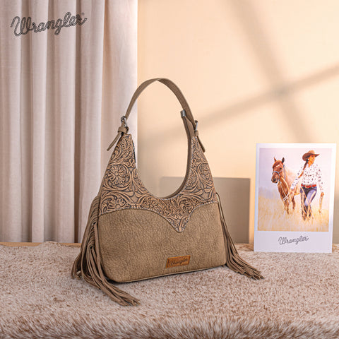 WG265-3027  Wrangler Fringe Floral Tooled Hobo Bag-Khaki