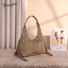 WG265-3027  Wrangler Fringe Floral Tooled Hobo Bag-Khaki