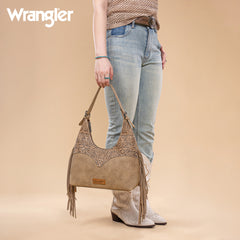 WG265-3027  Wrangler Fringe Floral Tooled Hobo Bag-Khaki