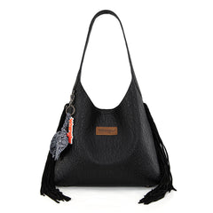 WG279-9182BK  Wrangler Fringe Floral Tooled Hobo Bag-Black