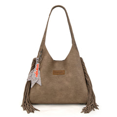 WG279-9182KH  Wrangler Fringe Floral Tooled Hobo Bag-Khaki