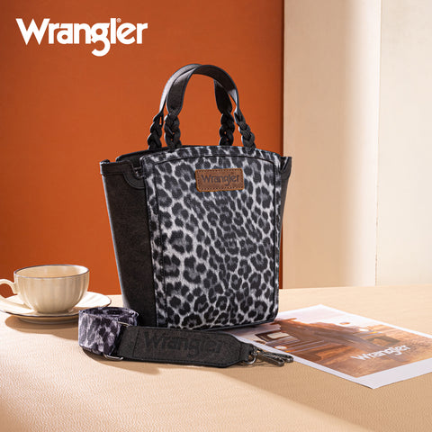 WG296-8014BK   Wrangler Leopard Print Braided Handle Tote/Crossbody - Black