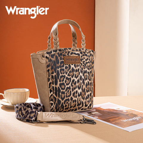 WG296-8014TN   Wrangler Leopard Print Braided Handle Tote/Crossbody - Tan