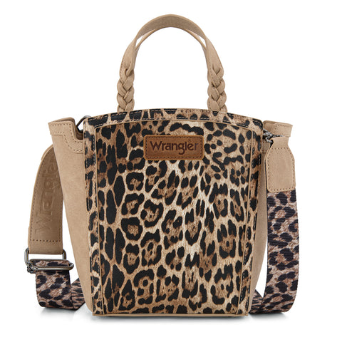 WG296-8014TN   Wrangler Leopard Print Braided Handle Tote/Crossbody - Tan