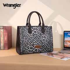 WG296-8625BK    Wrangler Leopard Print Wide Tote Bag/Crossbody- Black