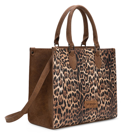 WG296-8625BR    Wrangler Leopard Print Wide Tote Bag/Crossbody- Brown