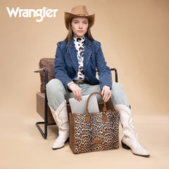 WG296-8625BR    Wrangler Leopard Print Wide Tote Bag/Crossbody- Brown