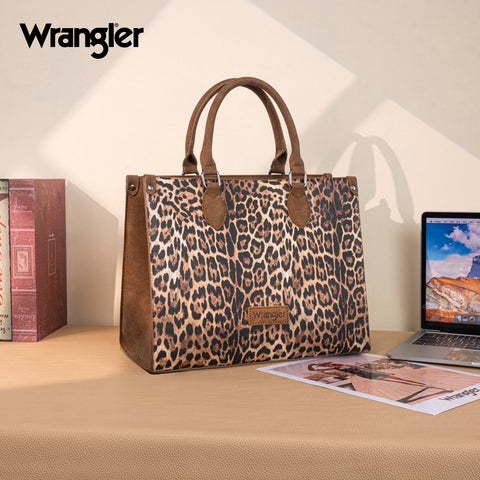 WG296-8625BR    Wrangler Leopard Print Wide Tote Bag/Crossbody- Brown